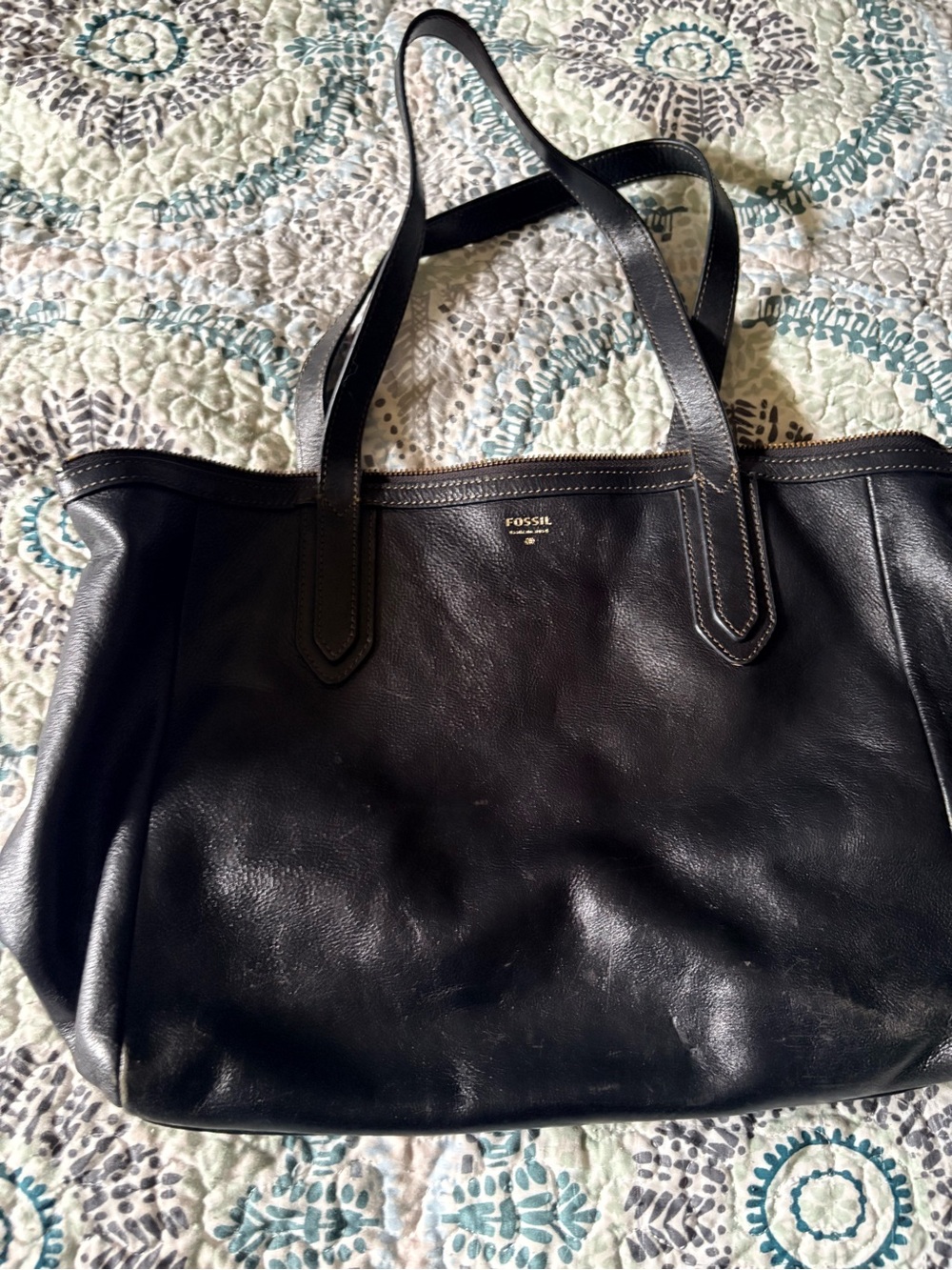 Fossil Sydney Black Leather Zipper tote
